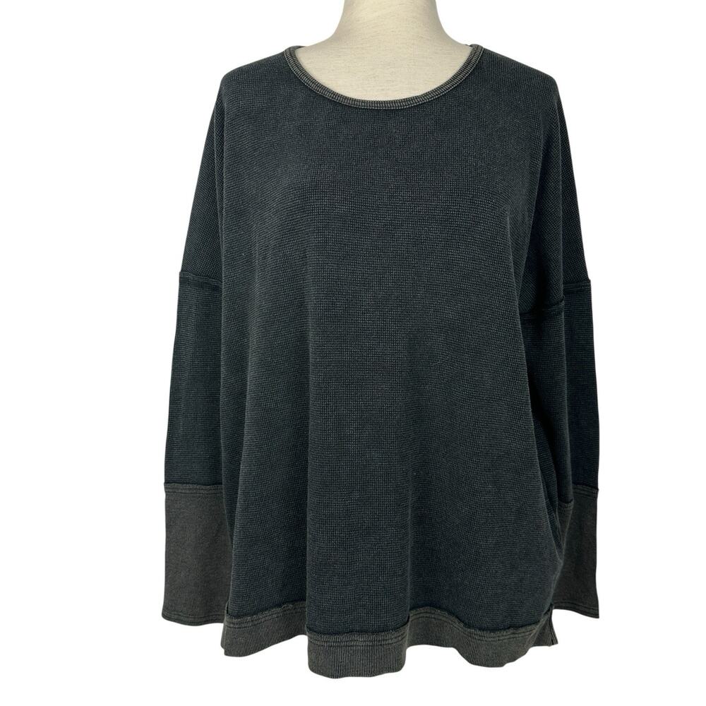 Heyson Top Women Medium Gray Black Waffle Knit Oversized Boxy Boho Thermal NWT